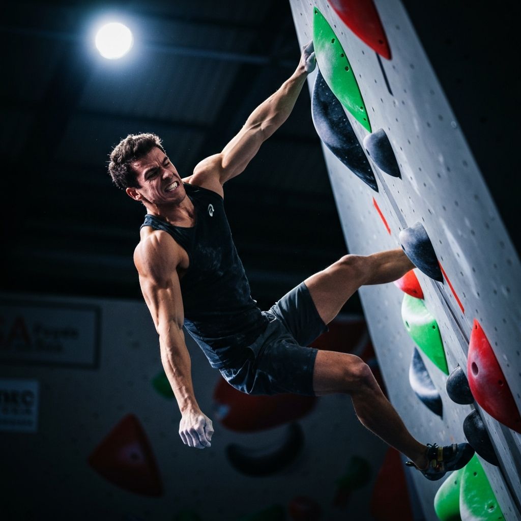 Indoor bouldering konkurranse med klatrer på fargerike tak - sportsfotografi