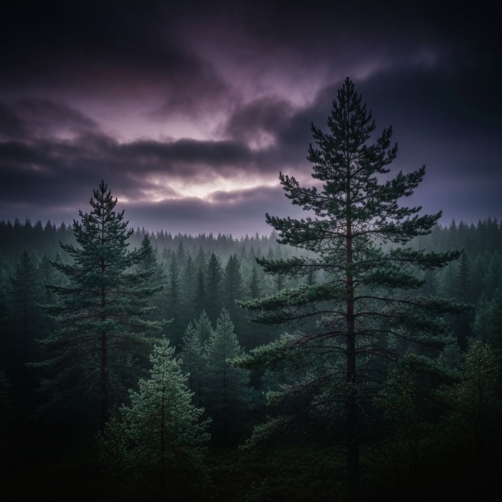 Tåkete norsk furuskog ved daggry - landskapsfotografi